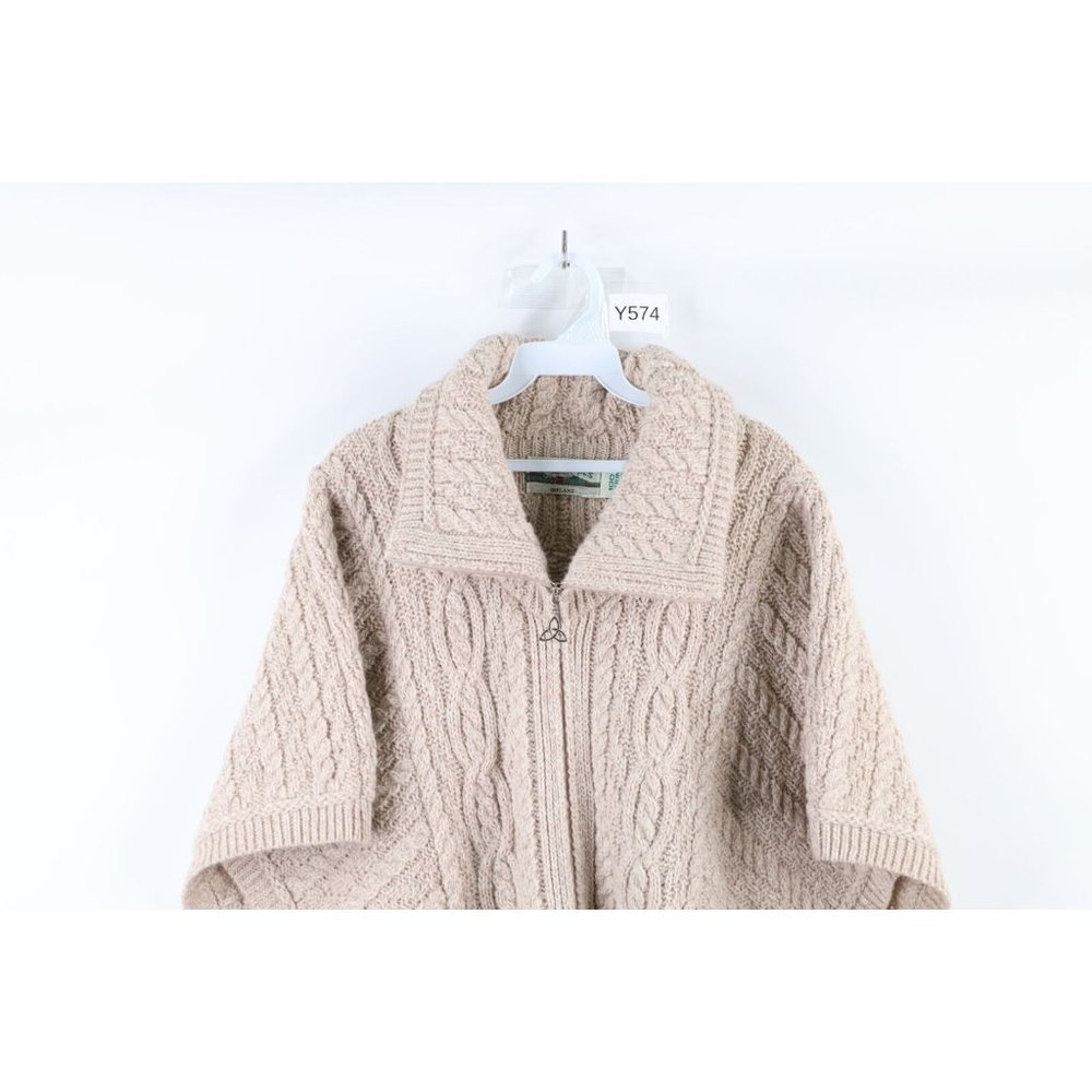 Vintage 90s Womens Small Chunky Donegal Wool Knit Fisherman Poncho Sweater Beige - Picture 2 of 9